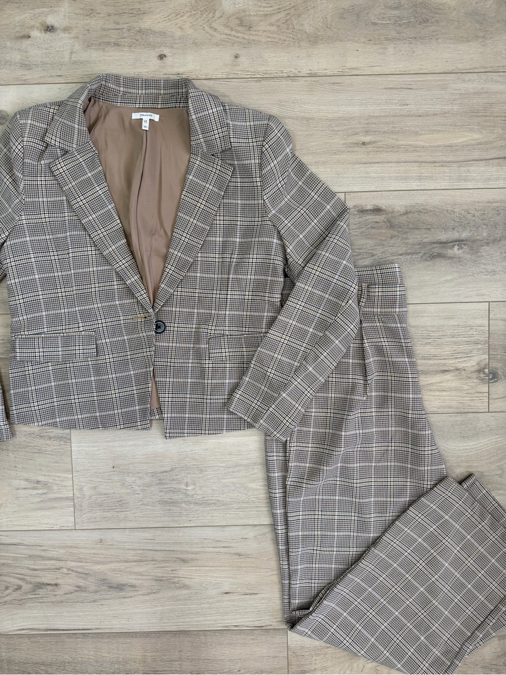 Maurices Taupe & Cream Plaid Two-Piece Blazer and Trouser Suit